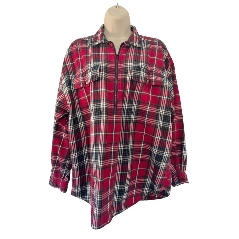 Vintage Eddie Bauer Woman's Sz M Red Plaid Flannel Half Zip Pullover Shirt